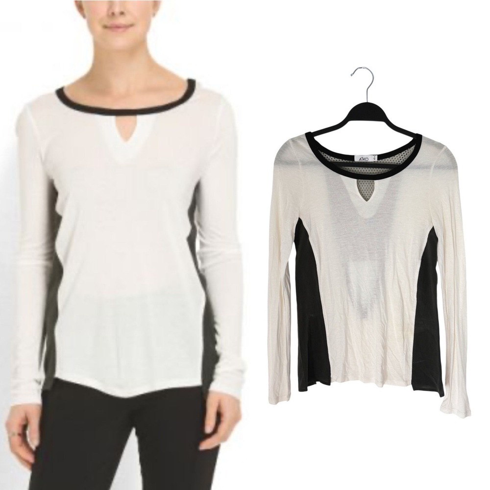 NWOT Aiko Women's XS‎ Long Sleeve Silk Leather Mesh Top Shirt White Black